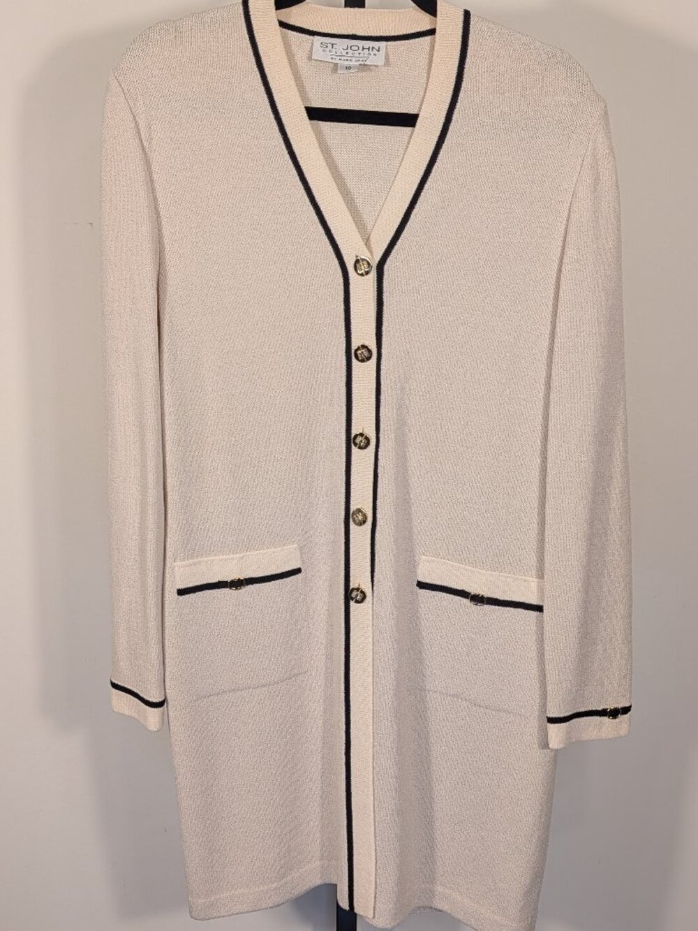 Vintage St. John Santana Knit Longline Cardigan Cream Black Gold Buttons | Sz 10